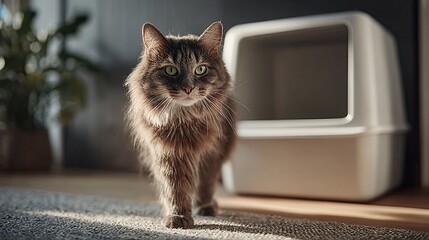 Fluffy Tabby Cat with Green Eyes Walking Towards Camera Near Litter Box