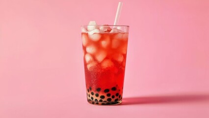 Lychee bubble tea. Red bubble tea glass with black tapioca pearls on p