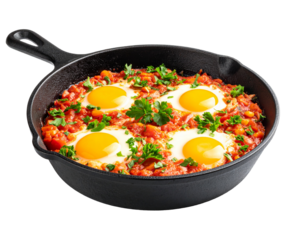 Shakshuka frying in cast iron Isolated on Transparent or White Background.