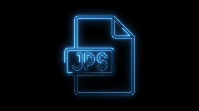 Glowing blue neon J P S file icon animation on black background modern digital technology concept
