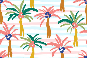 Abstract tropical vector seamless pattern. Coconut palm trees, stripes on background. For fabric prints, textiles, beachwear. Summer vacation.