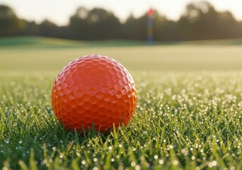 Naklejka premium An orange golf ball is sitting on the grass. The grass is green and wet. The ball is in the middle of the field