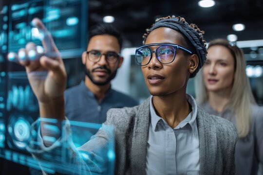 Diverse team of software engineers developing innovative app using futuristic transparent display technology