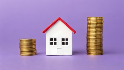 House model and stacked coins. Real estate investment growth, rising housing market value, financial pressure and property equity trends. Symbolic comparison of wealth accumulation and homeownership