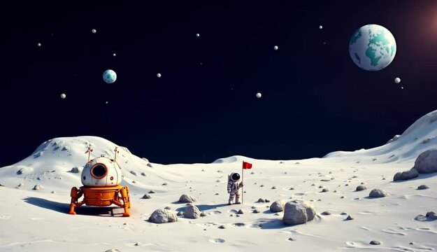 Astronaut plants flag on moon surface near lunar lander with Earth view