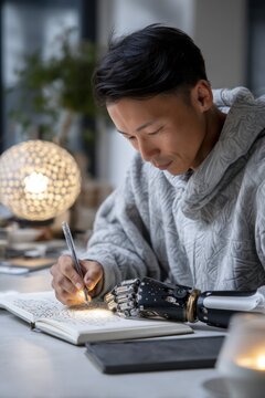 Young designer drawing with prosthetic arm in modern office