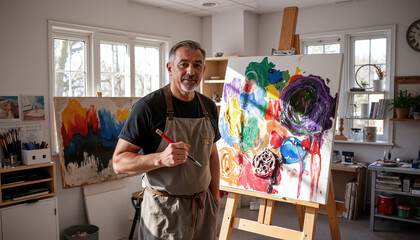 Male artist painting colorful abstract artwork in studio workshop  