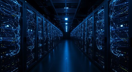 Obraz premium Dark server room with rows of data racks illuminated by blue lights and cables