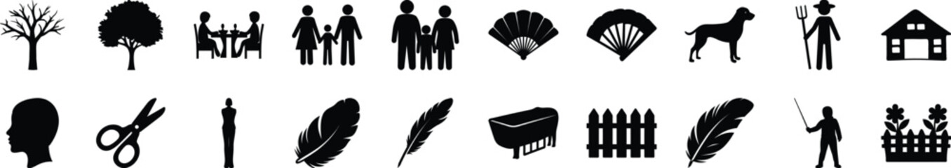Silhouette icon set of people, nature, and tools Black silhouette icons representing family, trees, feathers, tools, pets, and household items arranged in a horizontal grid layout.

