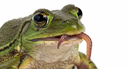 A bullfrog captured during feeding, emphasizing the rawness of its daily hunt.

