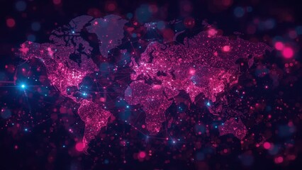 SEO Specialist. Digital world map glowing pink purple lights, technolo
