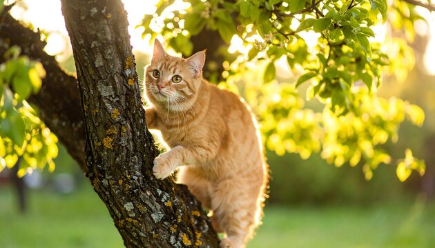 Ginger cat in tree at sunset - Powered by Adobe