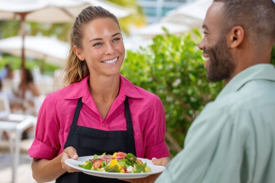 Smiling waitress serving fresh salad to customer in outdoor restaurant