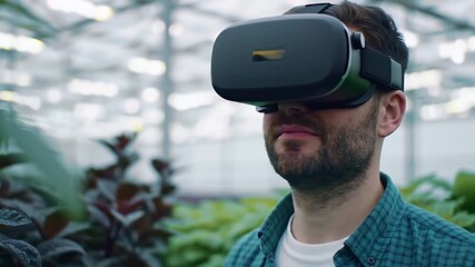 Bearded Man with VR Glasses in Luminous Greenhouse Immersive Technology Green Plants - Powered by Adobe