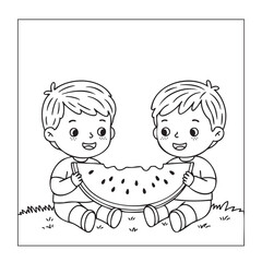 Cute Twin Boys Sharing a Watermelon Slice, Summer Coloring Page

