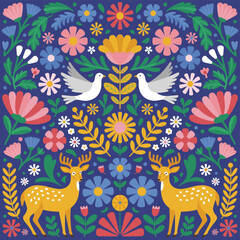 Symmetrical Deer and Doves in Vibrant Folk Art