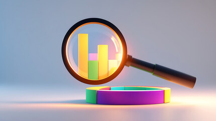 A magnifying glass examines colorful bar graphs and a pie chart, highlighting data analysis.