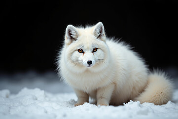 Obraz premium Arctic fox sitting on snow with soft white fur in winter scene 