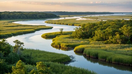 Fototapeta premium Scenic winding river through a lush green marshland under a serene sky, creating a tranquil and idyllic landscape with vibrant nature