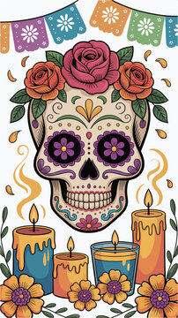 Vibrant Day of the Dead Sugar Skull Illustration
