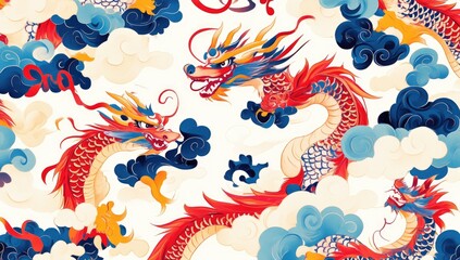 Dragons in clouds, vibrant pattern