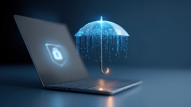 Digital umbrella covering laptop, glowing blue shield metaphor for cybersecurity protection, cyber insurance coverage concept for sensitive data and remote work, Selective Focus
