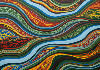 Fototapeta premium Aboriginal River Flow - Vibrant Abstract Painting with Wavy Patterns and Indigenous Cultural Motifs