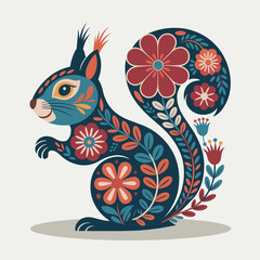 Colorful Folk Art Squirrel with Floral Patterns