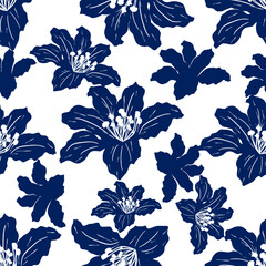 Hand Drawn Navy Lily Floral Seamless Pattern