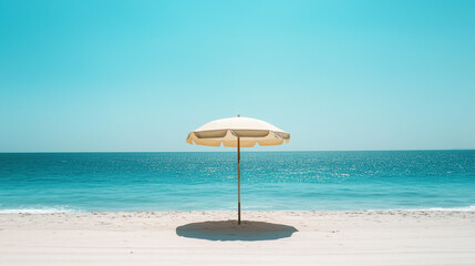 Beige Beach Umbrella on White Sand with Blue Ocean – Summer Coastal Scene