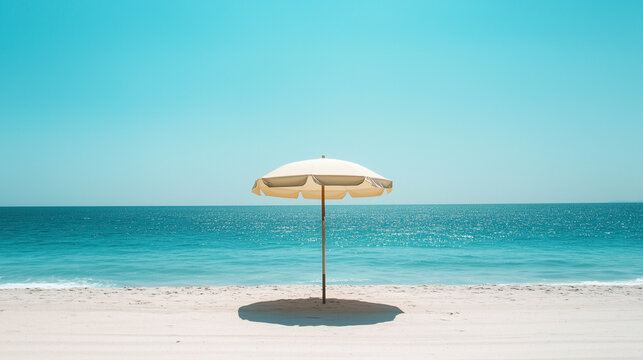 Beige Beach Umbrella on White Sand with Blue Ocean – Summer Coastal Scene
