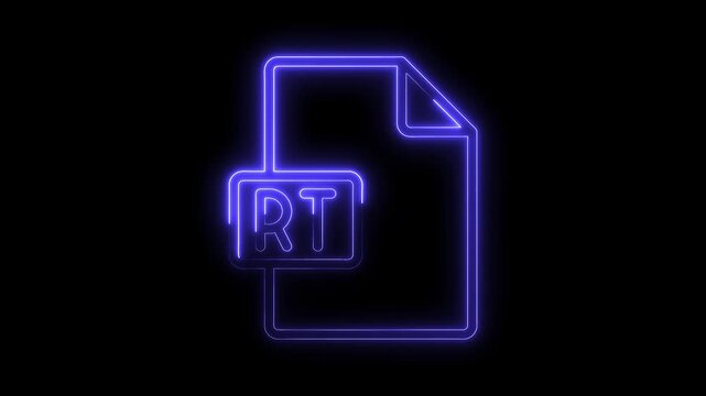 Glowing blue neon R T file icon symbol on black background futuristic technology digital document concept