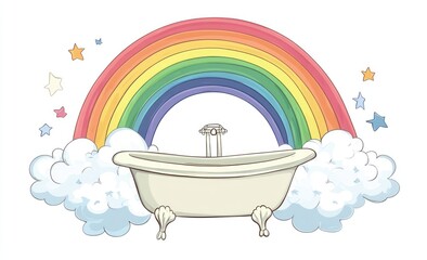 Whimsical rainbow bathtub scene.  Fluffy clouds, a pastel rainbow, and a vintage-style bathtub are featured.  Tiny stars and butterflies add to the charm