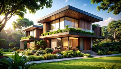 Modern two-story house nestled in lush landscaping