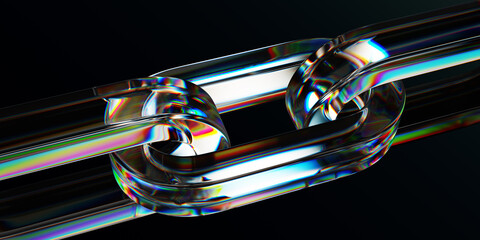 3d iridescent glass spectrum chain with crystal links on abstract black background. Connected rings with bright neon gradient texture, light dispersion. Futuristic digital tech bg. 3D illustration
