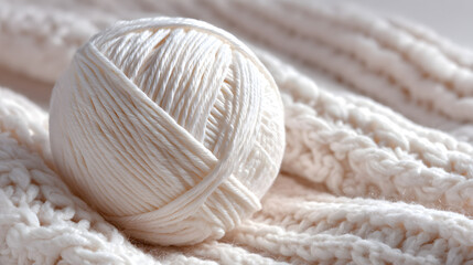 Close Up of Soft White Cotton Yarn Ball on Knitted Fabric
