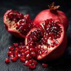 Pomegranate Sections and Seeds Isolated on Slate; a Healthy Dessert or Snack