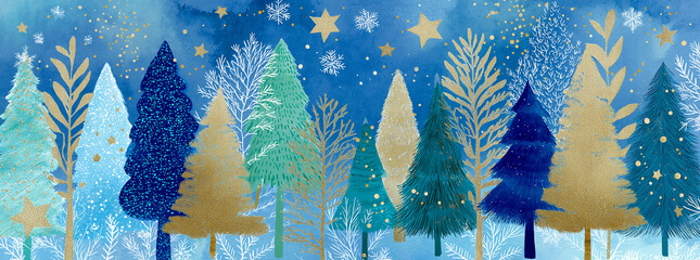 A festive blue holiday illustration featuring stylized Christmas trees in shades of blue, gold, and green, surrounded by white snowflakes.