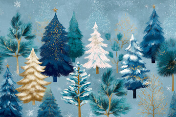 A festive blue holiday illustration featuring stylized Christmas trees in shades of blue, gold, and green, surrounded by white snowflakes.