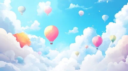 Colorful hot air balloons floating in a beautiful, pastel sky filled with fluffy clouds.