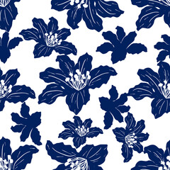 Hand Drawn Navy Lily Floral Seamless Pattern