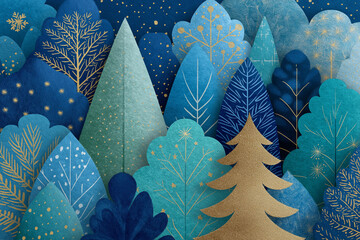 A festive blue holiday illustration featuring stylized Christmas trees in shades of blue, gold, and green, surrounded by white snowflakes.