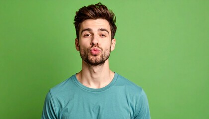 Obraz premium Handsome young man making kissy face on green background
