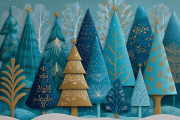 A festive blue holiday illustration featuring stylized Christmas trees in shades of blue, gold, and green, surrounded by white snowflakes.