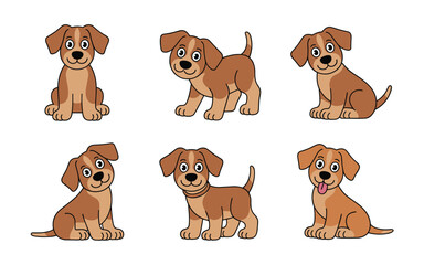 Fototapeta premium Playful Brown and Tan Puppy Cartoon Illustrations Set