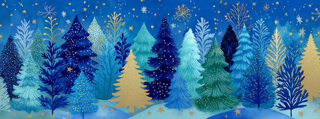 A festive blue holiday illustration featuring stylized Christmas trees in shades of blue, gold, and green, surrounded by white snowflakes.