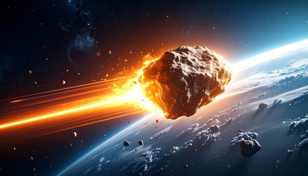 Fiery asteroid hurtling towards Earth, leaving a blazing trail