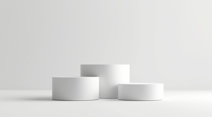 Three minimalist white cylindrical pedestals of varying heights on a white background