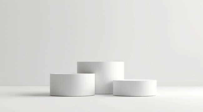 Three minimalist white cylindrical pedestals of varying heights on a white background