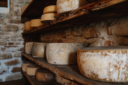Various cheese wheels displayed on wooden shelves in a rustic setting, showcasing traditional aging methods and different types